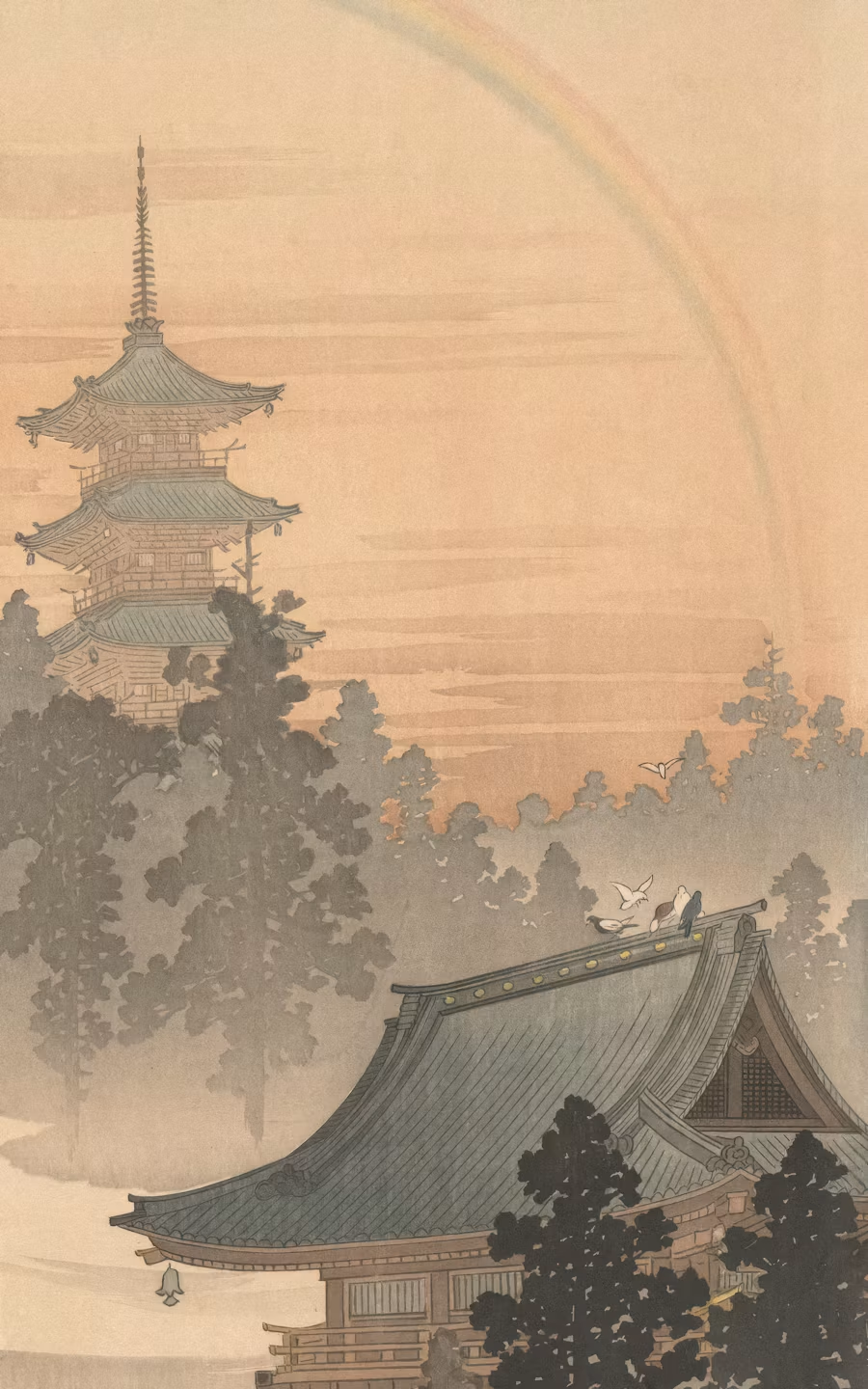 Traditional East Asian pagoda and temple roof at sunset with birds in flight