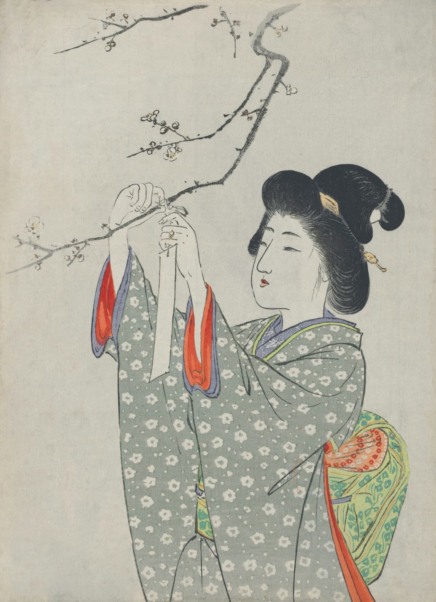 Traditional Japanese woodblock print of a woman gently tying a paper strip to a blossoming plum branch